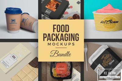 【PS样机】40个咖啡杯蛋糕盒冰淇淋杯纸美食包装PSD样机模型 40 Food Packaging Mockups Bundle