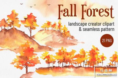 【PNG素材】21张秋季金黄森林树木飞鸟水彩风景剪贴画PNG素材 Watercolor Fall Forest Landscape Creator