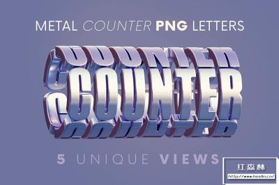 【PNG素材】44款科幻金属光泽纹理3D立体字母数字符号PNG设计素材 Metal Counter – 3D Lettering