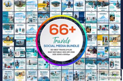 【PSD模板】66+旅游出行INS社交媒体旅行社宣传海报展板PSD设计素材 Social Media Travels Template Bundle