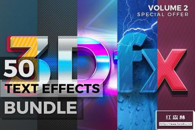 【PS样式】50款3D字体炫酷特效文本文字效果质感带PS字体样式 50 Text Effects Bundle