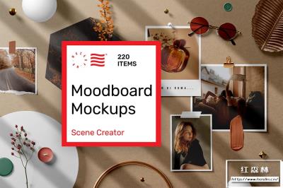 【PS样机】220个照片墙相册卡片情绪板设计场景展示元素PS样机 Moodboard Mockups – Scene Creator