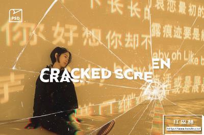 【PSD模板】创意照片玻璃屏幕碎破裂效果PSD模板 Cracked Screen Photo Effect