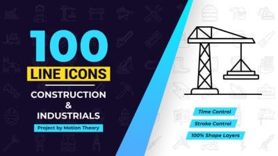 【AE模板】100个创意线条建筑施工图标动画 100 Construction Line Icons