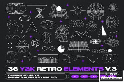 【矢量素材】36款复古Y2K千禧风人体部位抽象几何图形LOGO徽标元素矢量素材 36 Y2K Retro Elements V.3