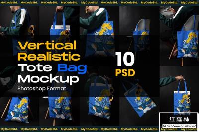 【PS样机】10款人物模特帆布袋购物袋手提袋布袋展示PS样机 Vertical Realistic Tote Bag Mockup