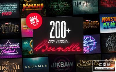 【PSD模板】200+卡通水彩复古电影3D效果Photoshop 文本样式合集 200+ Photoshop Text Effects Bundle