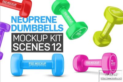 【PS样机】12视图氯丁橡胶哑铃健身器材展示PSD样机模板 Neoprene Dumbbell Kit