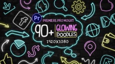 【PR模板】90种手绘涂鸦霓虹发光运动图形动画 90+ Glowing Doodles Pack Mogrt