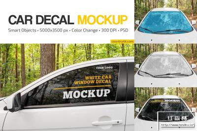 【PS样机】5个白色车窗贴纸玻璃车贴展示效果PS样机 White Car Window Decal Mockup Set