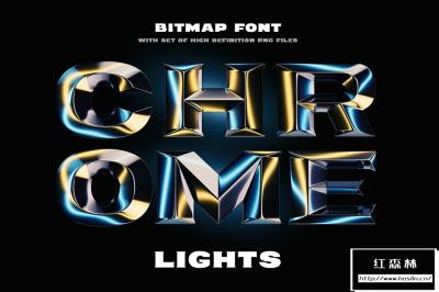 【字体】3D渲染镀铬金属棱角闪亮光泽反射艺术彩色英文字体 Chrome Lights – Bitmap Color Font