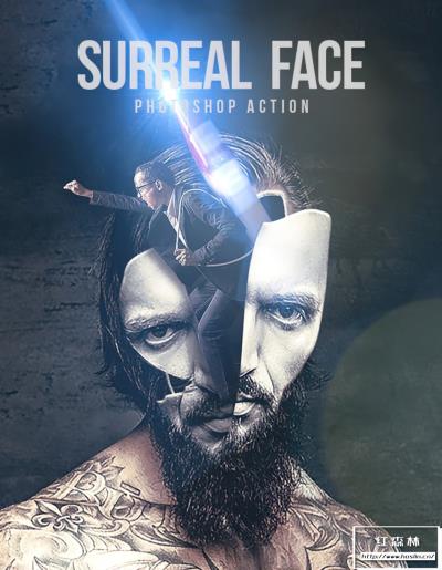 【PS动作】超现实魔幻人物头像脸部破碎组合特效PS动作 Surreal Face – Photoshop Action