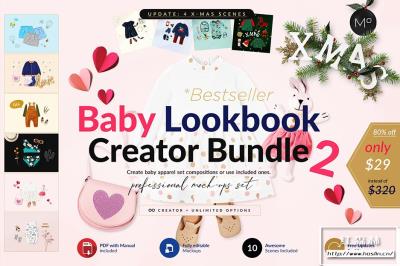 【PS样机】婴儿服饰长短袖连体服鞋帽童装PSD模型样机 Baby Lookbook Creator Bundle Mockups