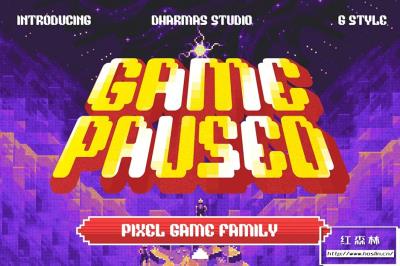 【字体】90年代街机电玩复古游戏像素化传单海报设计英文字体 Game Paused – Pixel Game Family