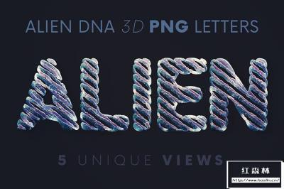 【PNG素材】44张外星人DNA基因链科学图形组合3D字母PNG素材 Alien DNA Science – 3D Lettering