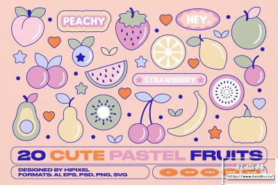 【矢量素材】20款可爱柔和卡通水果表情贴纸PNG图片素材 20 Cute Pastel Fruits Stickers