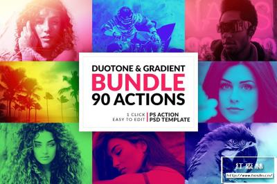 【PS动作】90个双色调渐变照片色彩混合叠加PS调色动作套装 Duotone and Gradient Actions Bundle