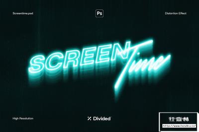 【PSD模板】文本图形霓虹发光监视器毛刺幻影失真特效PSD模板 Divided – Screentime Monitor