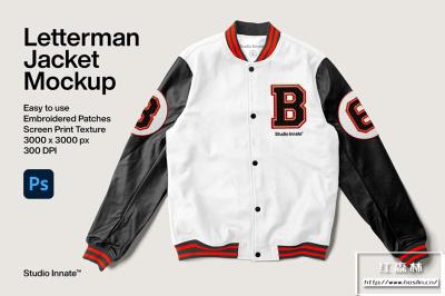 【PS样机】复古棒球服夹克外套VI贴图模型PSD样机 Letterman Jacket Mockup