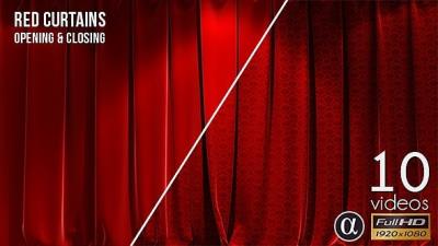 【视频素材】10组红色舞台幕布窗帘打开揭示动画素材 3D Realistic Red Curtains Opening & Closing