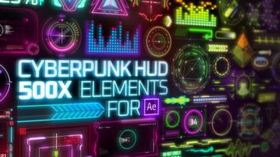 【AE脚本】523个HUD科技感赛博朋克霓虹发光UI元素图形动画 Cyberpunk HUD Elements