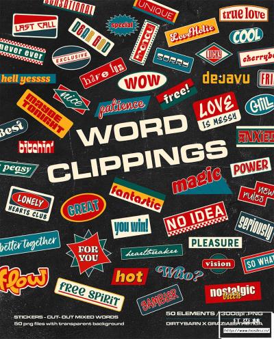 【PNG素材】50款复古怀旧标签字母促销贴纸剪贴画PNG素材 Word Clippings：Retro Stickers and Headlines – 50 Pieces