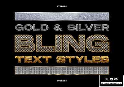 【PSD模板】5款黄金钻石珠宝镶嵌纹理效果文字样式PSD模板 Gold & Diamond ‘Bling’ Text Styles