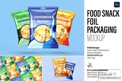 【PS样机】8视图膨化食品零食铝箔密封包装袋展示模型PS样机 Food Snack Foil Packaging Mockup