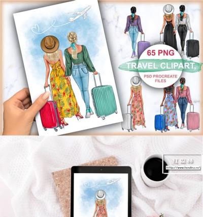 【图片素材】60+旅行出游水彩漫画创作剪贴素材PNG图片素材 60+ Travel Cliparts for Photoshop & Procreate