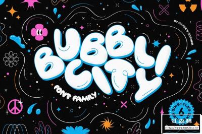 【字体】趣味卡通复古Y2K反设计肥胖臃肿气泡创意设计英文字体 Bubblicity Bubble Font Family