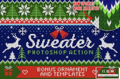 【PS动作】圣诞主题毛衣圣诞帽针织纹理生成特效PS动作 Ugly Christmas Sweater Photoshop Act