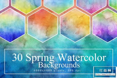 【图片素材】30张春季水彩画涂鸦手绘插画创作背景纹理素材 30 Spring Watercolor Backgrounds