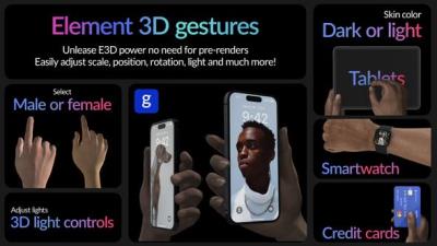 【AE模板】15种E3D设备界面触控缩放点击滑动手势动画 Real Hand Gestures for Element 3D