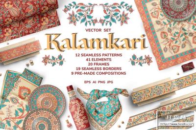 【图片素材】100个印度Kalamkari 刺绣绘画艺术装饰设计无缝印花图案矢量图片素材 Kalamkari Vector Set Ornaments