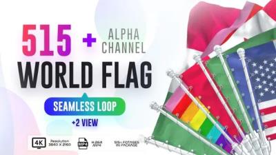 【4K视频素材】515个世界各国地区国旗旗帜飘扬动画含透明通道 Seamless Loop Of World Flags Footages Pack + Alpha