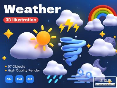 【图片素材】67个三维渲染天气预报趣味图标OBJ/GLB/PNG设计素材 Weather 3D Illustrations