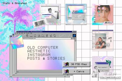 【PSD模板】时尚复古旧电脑Windows95界面风格蒸汽波电商设计新媒体宣传设计PS/Canva模板 Old Computer Insta template Ps Canva