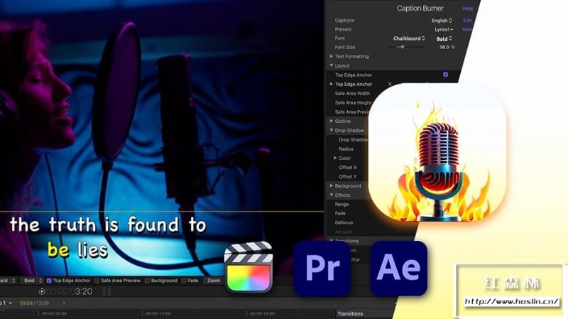 【FCPX/AE/PR插件】MV音乐歌词字幕加载导入工具 Caption Burner